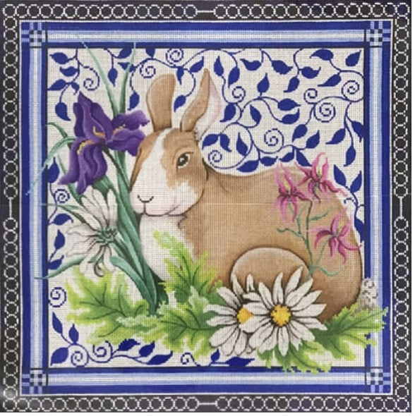 1091 - Bunny in Garden On Blue Leaves and Blue Border