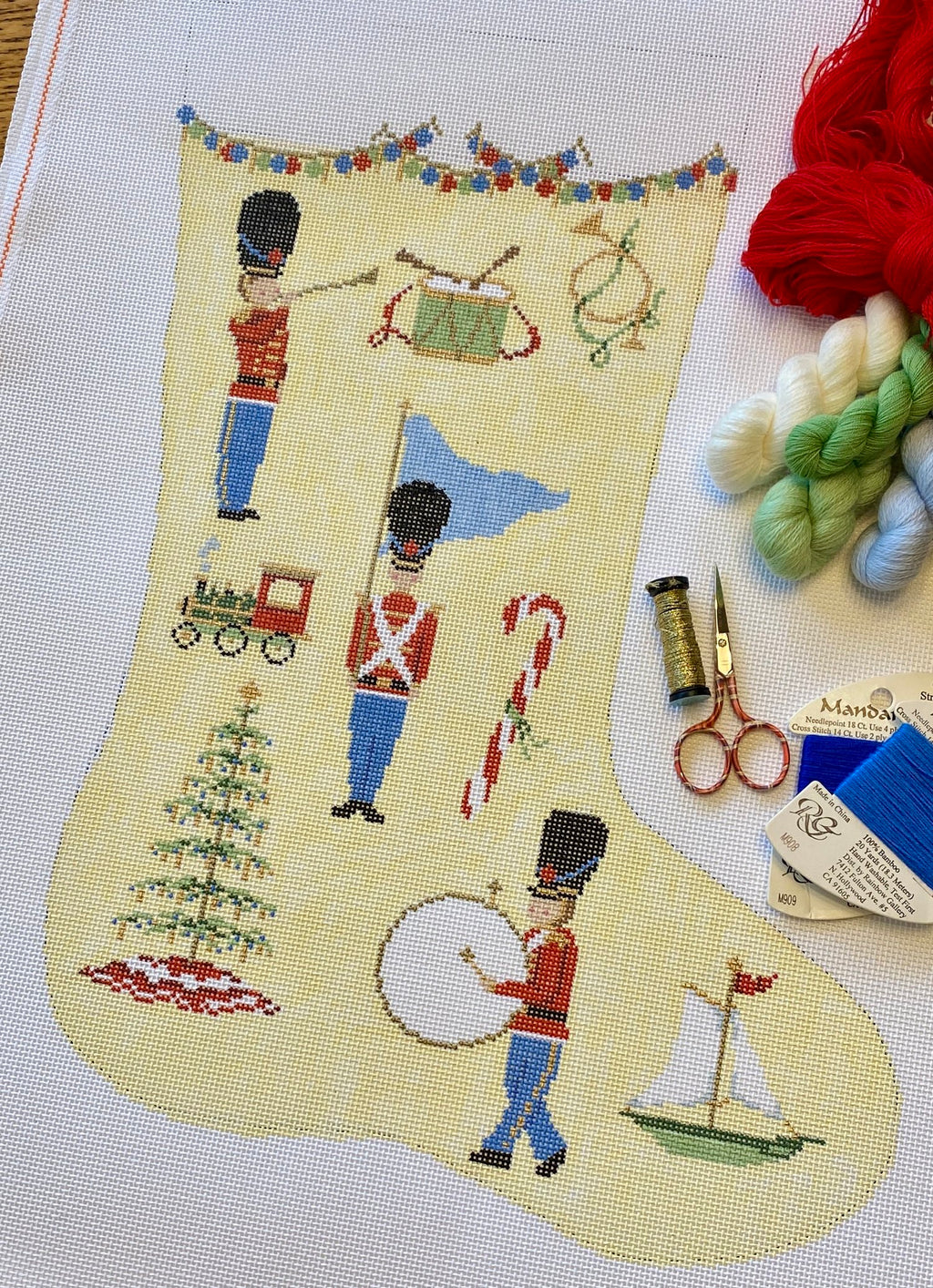 SFERRA Christmas Needlepoint Little Boy W/toy Train Stocking  Vintage Needlepoint toy soldier  Christmas Stocking Toys Train SFERRA main image 1