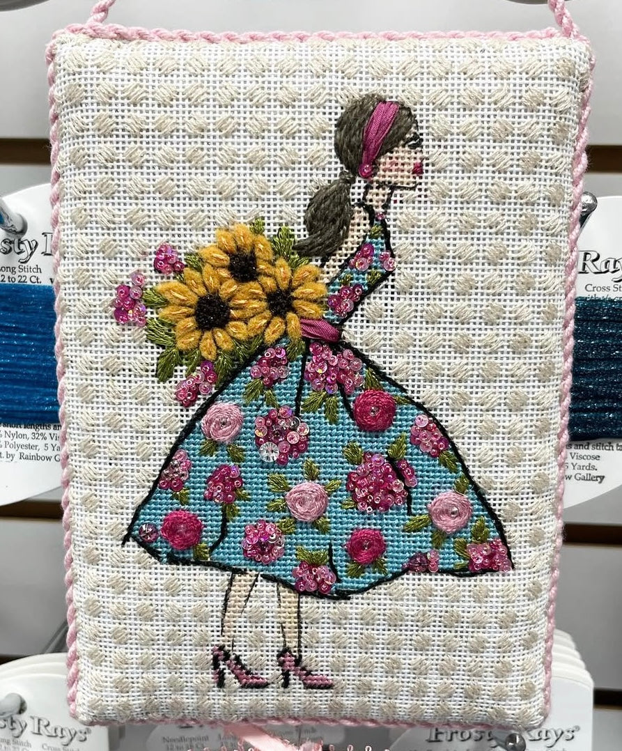 ECT1128B - Lady with Pink Flower Dress and Sunflowers