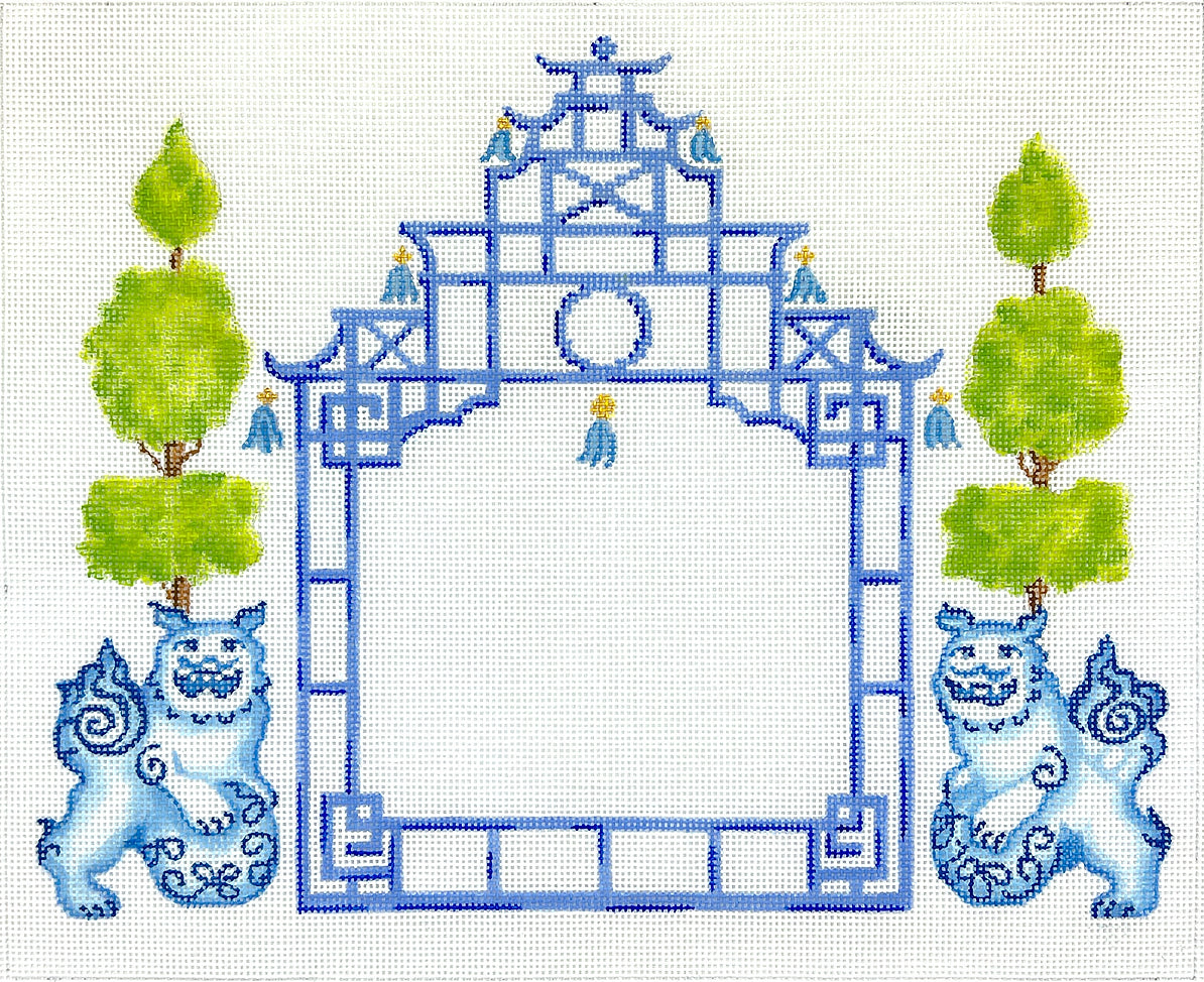 ALCN-10 - Chinoiserie Letter - Pagoda with Foo Dogs and Topiaries - Blues with Greens