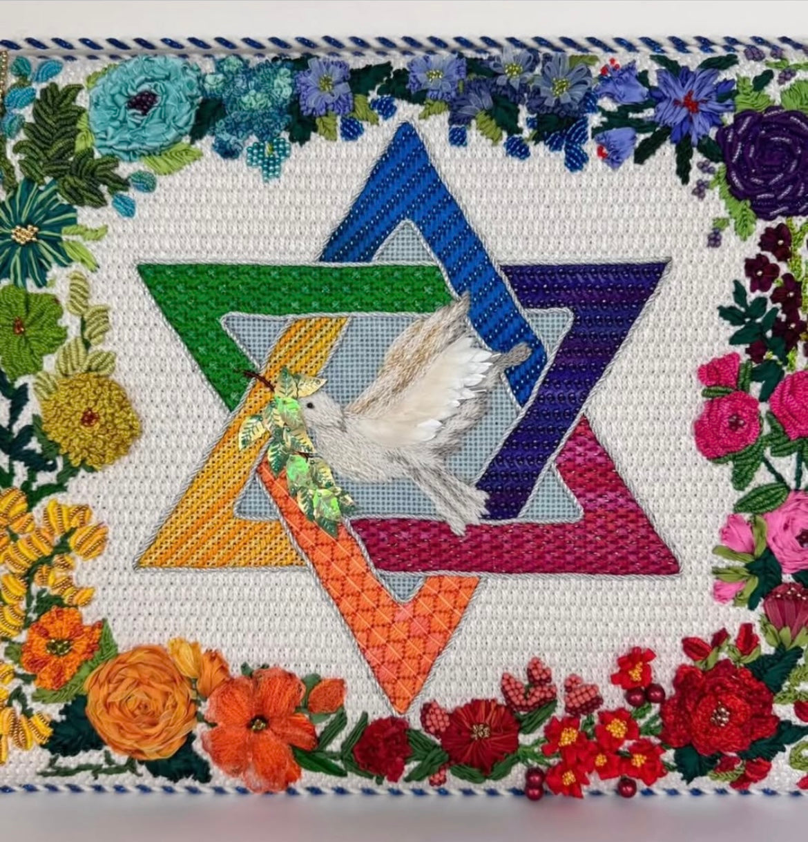 TAL-03 - Rainbow Floral Star of David with Dove - Multi Color
