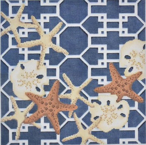 AT D1307B -Starfish Sand Dollars on Lattice Navy