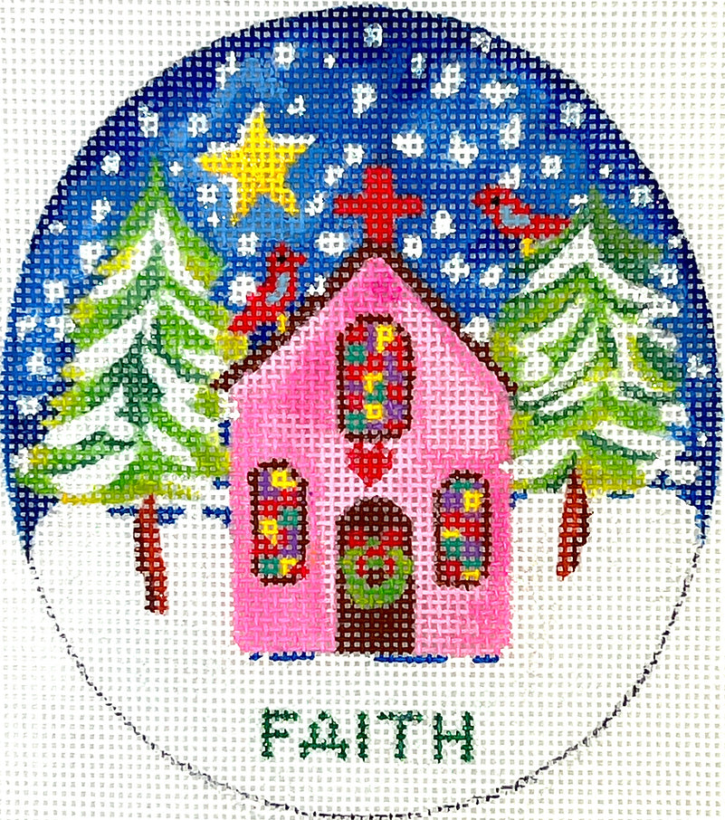 JE-XM-03 - "Faith" Pink Church with Red Bird, Trees and Star