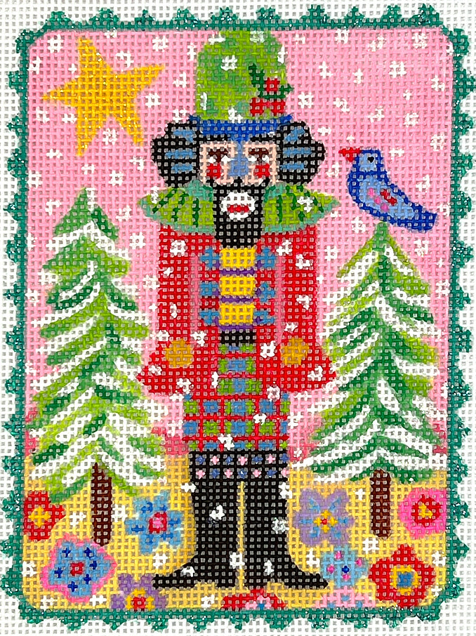 JE-XM-07 - Nutcracker with Trees, Star and Bird on Pink Sky
