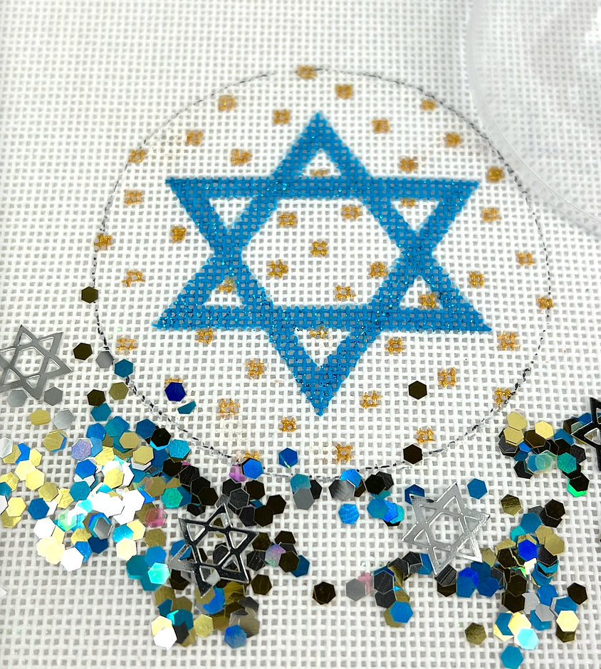 JMD-02 - Clear Dome and Confetti - Star of David - Aqua Blue with Gold Dots