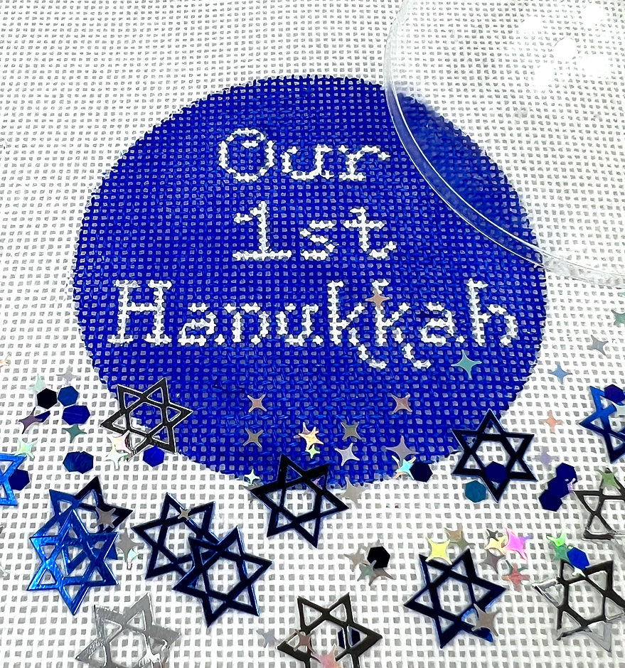 JMD-03 - Clear Dome and Confetti - "Our 1st Hanukkah" - White on Royal Blue