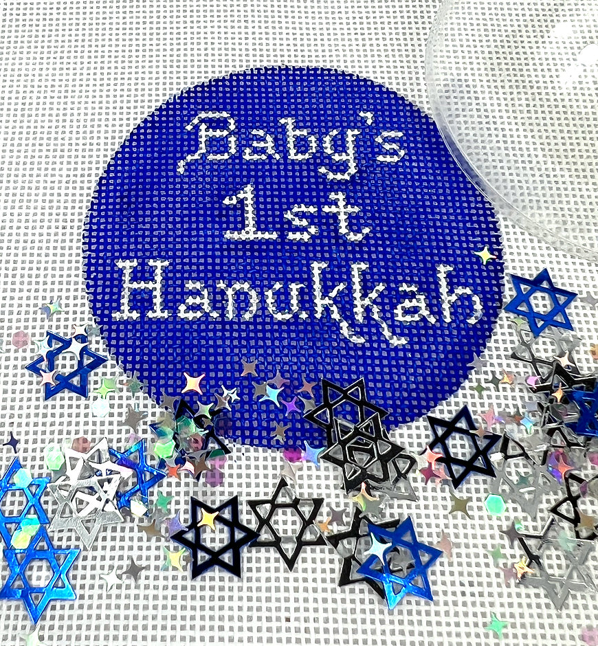 JMD-07 - Clear Dome and Confetti - "Baby's 1st Hanukkah" - White on Royal Blue