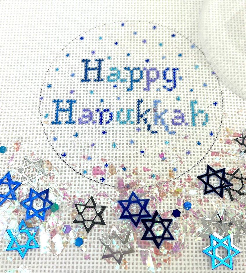 JMD-09 - Clear Dome and Confetti - "Happy Hanukkah" - Blues on White