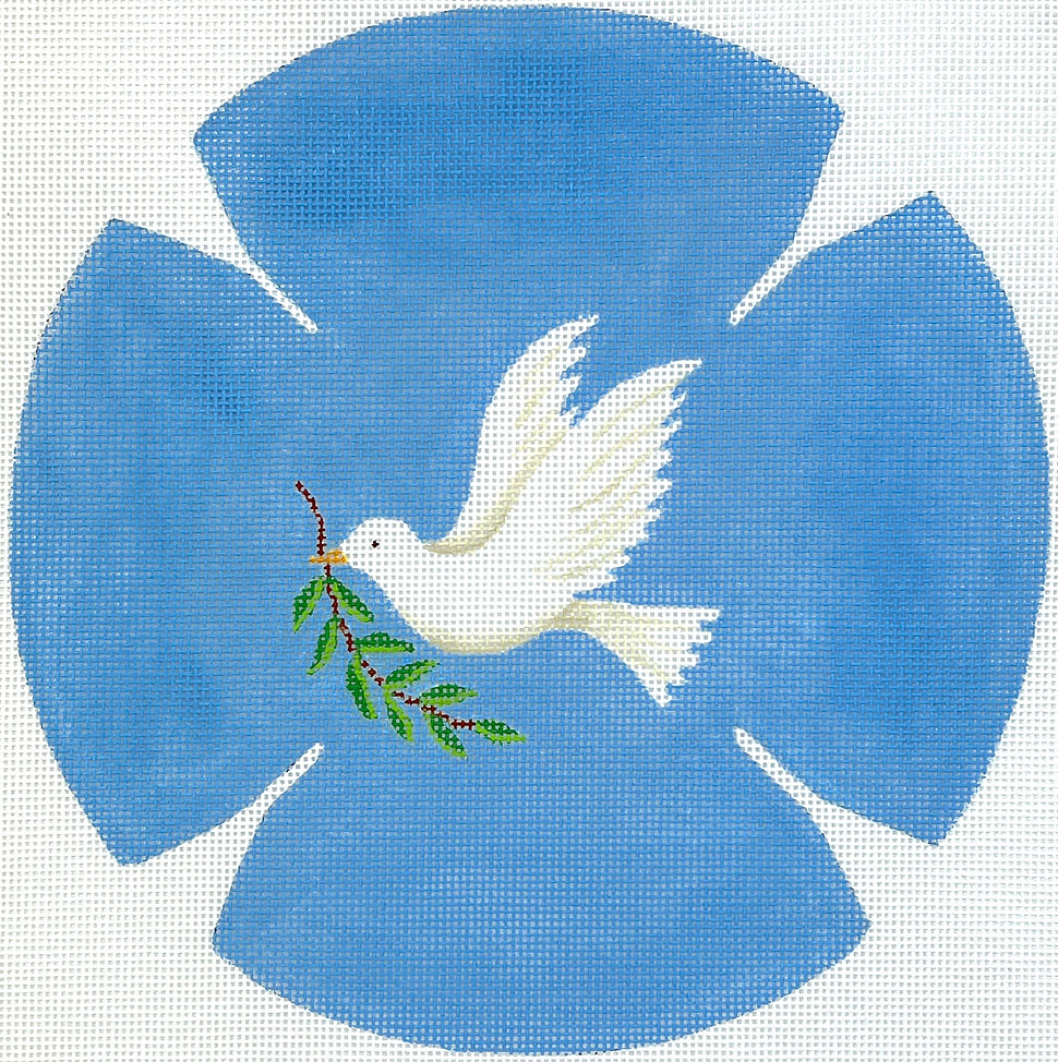 KIP-02 - Kippah - White Dove with Olive Branch on Medium Blue