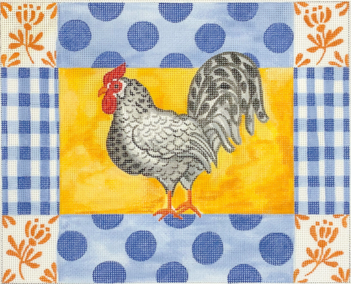 KR-PL-13 - Rooster with Blue Polka Dots, Gingham and Orange Damask Flowers