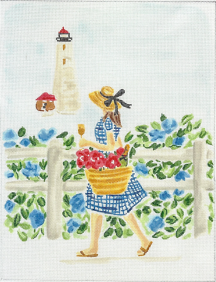 LB-PL-08 - Summer Stroll - Blue Gingham Girl with Champagne and Lighthouse