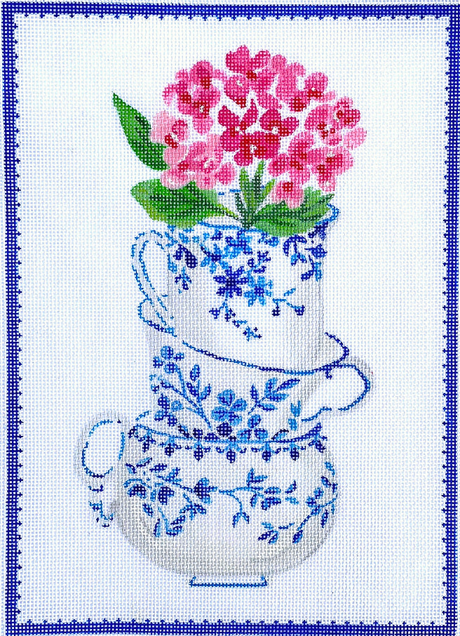 LB-PL-14 - Blue and White Stacked Teacups with Pink Flowers