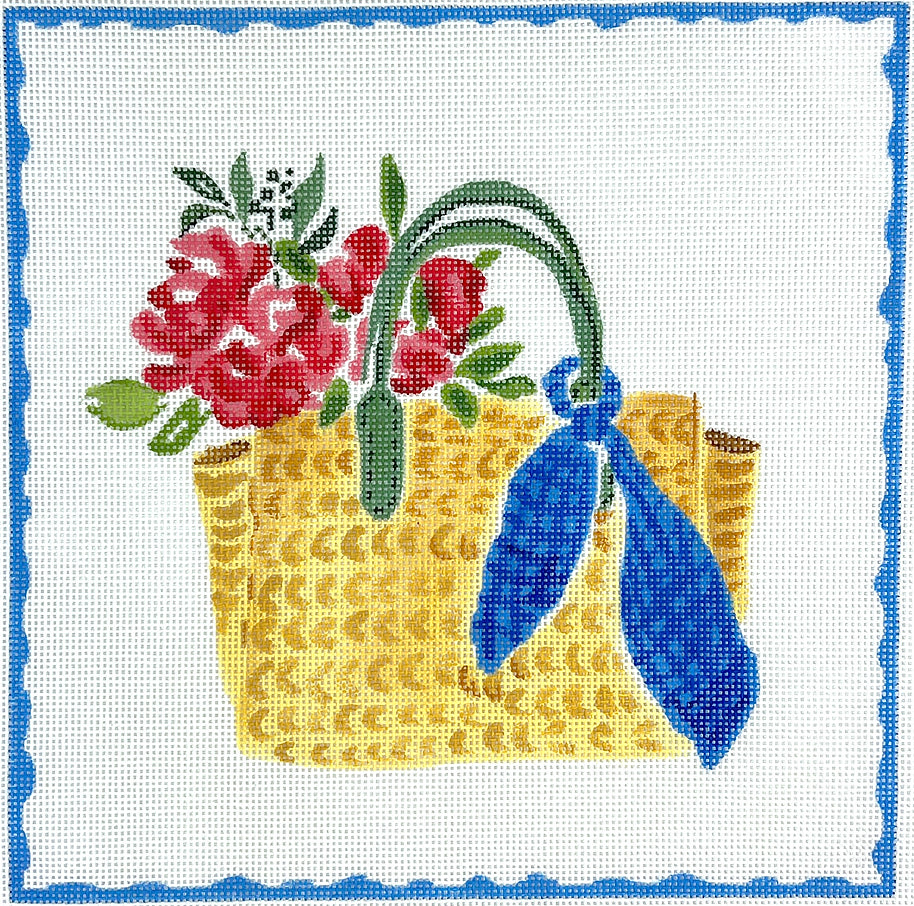 LB-PL-30 - Straw Bag with Blue Scarf and Flowers