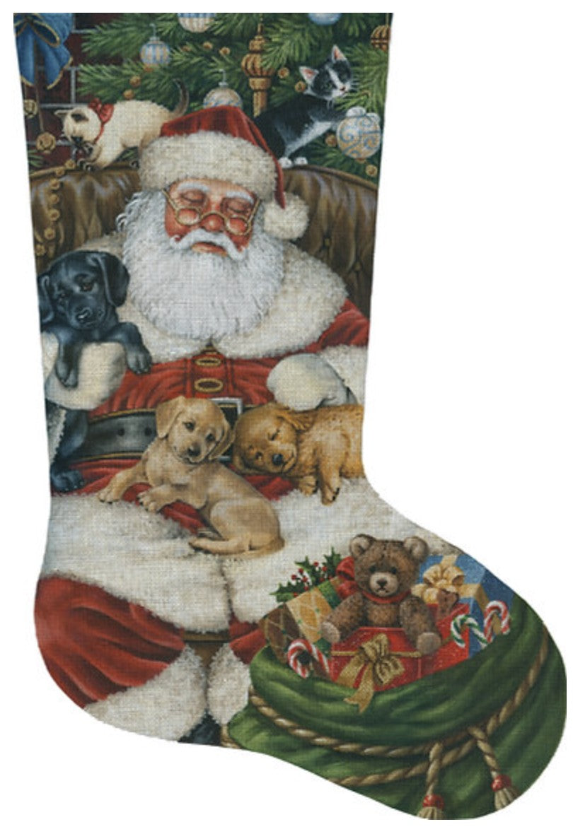 LGDAXS460 - Sleeping Santa with Puppies and Kittens Stocking