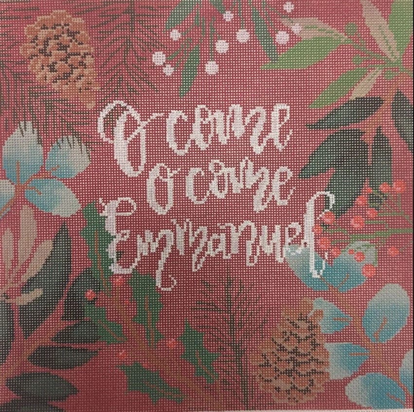 LL-PW-8A - Botanical Red Oh Come, Oh Come Emmanuel Pillow