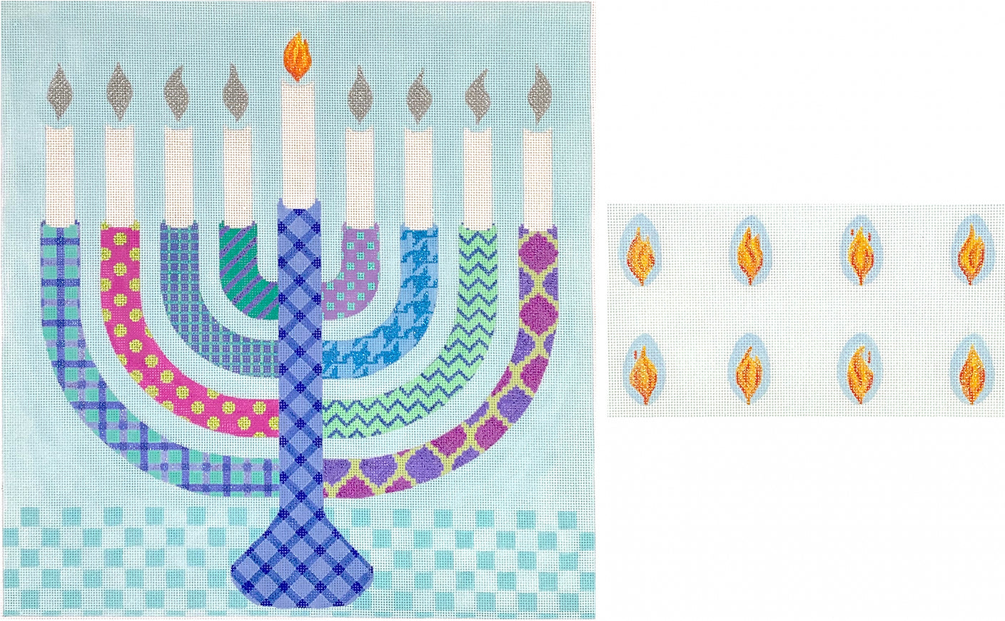 MEN-04 - Menorah - Bright Funky Patterns with Individual Flames - Blue, Lavenders, Turquoise