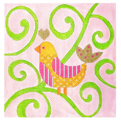 N114B-13 - Mod Birds Ornament - Pink/Green Swirl Background
