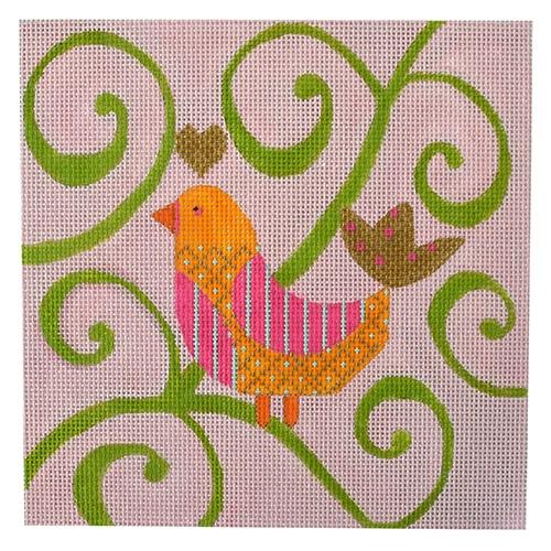 N114B - Mod Birds Ornament - Pink/Green Swirl Background
