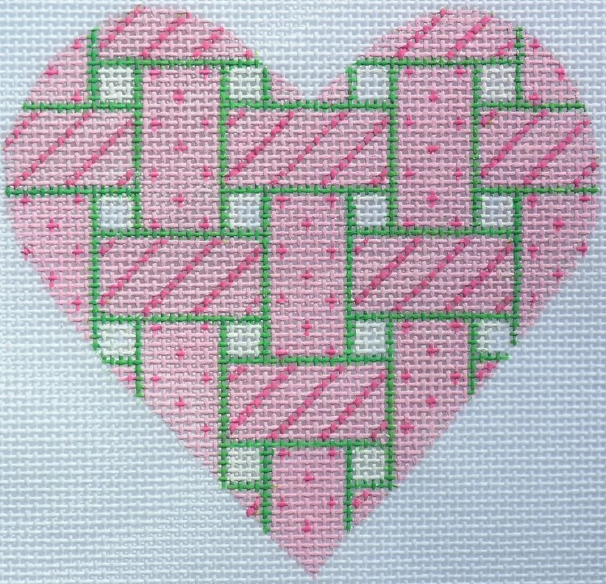 OM-05 - Mini Heart - Woven Ribbons - Pink with Green Edging