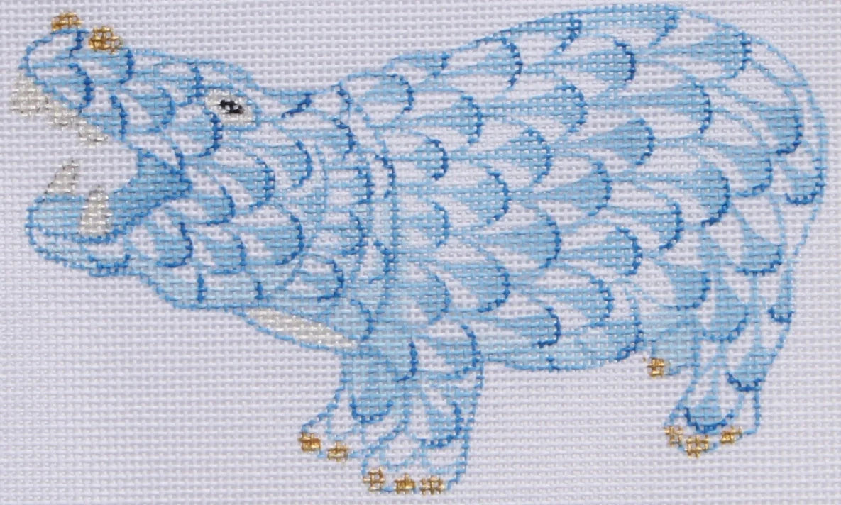 OM-176 - Mini Herend-style Hippo - Blue and Gold