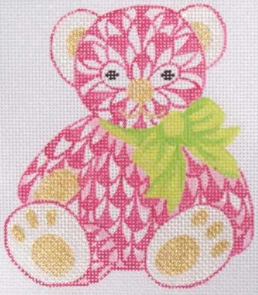 OM-182 - Mini Herend-style Teddy Bear - Pink and Lime