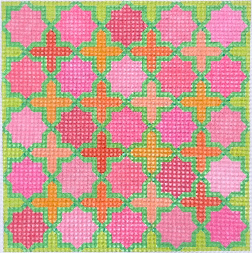 PL-140 - Moroccan Tiles - Crosses and Stars in Pinks, Oranges with Greens