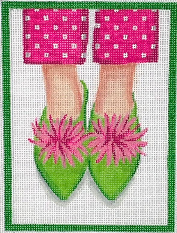 PL-445 - Here's Looking at Shoe - Preppy Pompom Indian Mules - Hot Pinks and Greens