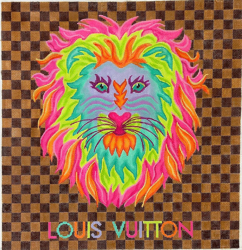 PL-573 - LV-Inpired Colorful Lion on Brown Checkerboard