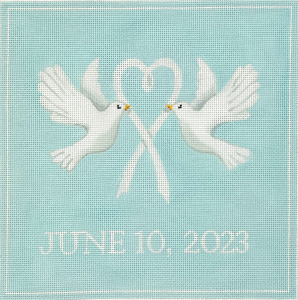 PL-574 - Ring Bearer Pillow - Doves with White Ribbon on Soft Blue