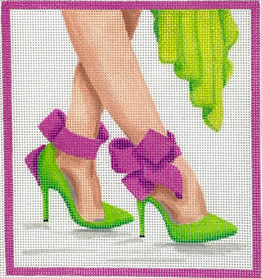 PL-459 - Here's Looking at Shoe - High Heels with Ankle-Strap Bows - Lime and Orchid