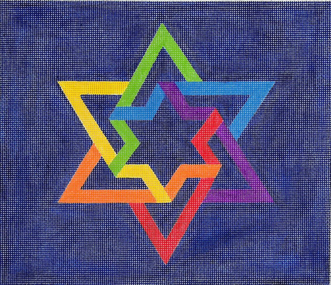 TAL-05 - Tallis/Tallit Bag - Double Interlocking Star of David - Rainbow Colors on Deep Blue