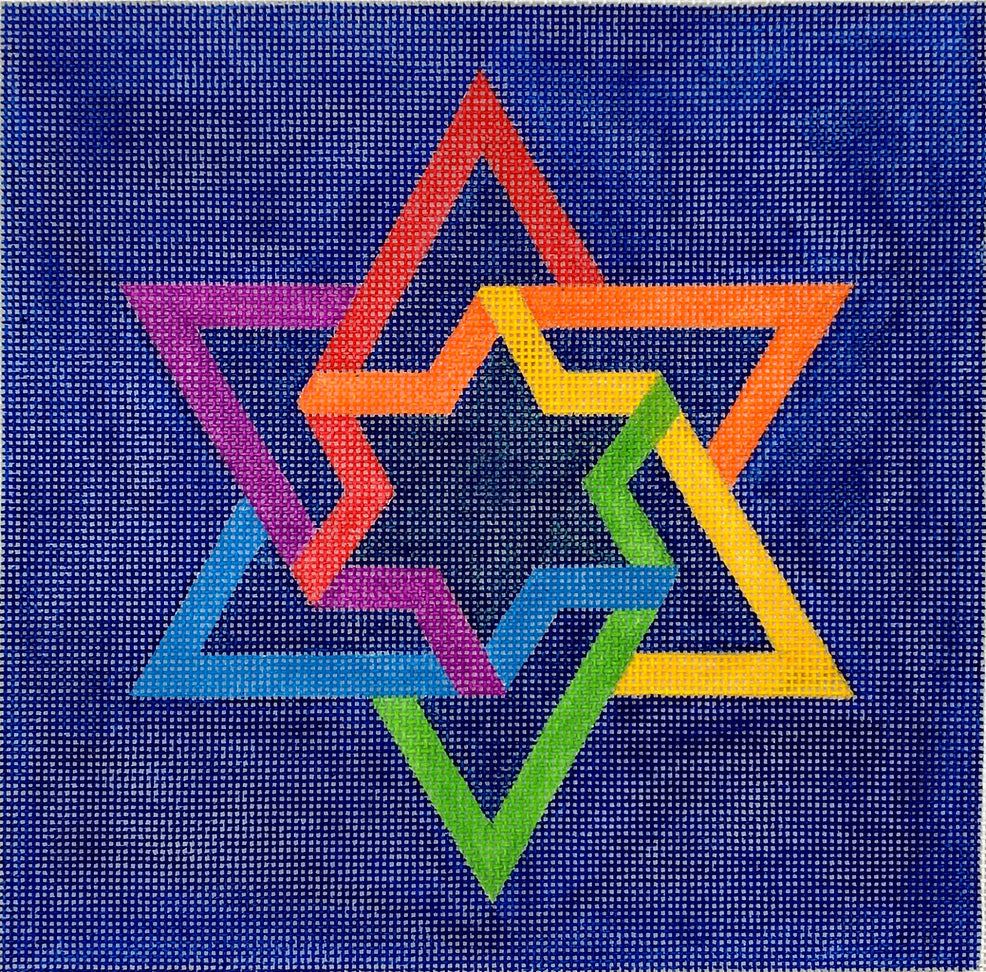 TEF-01 - Tefillin Bag - Double Interlocking Star of David - Rainbow Colors on Deep Blue