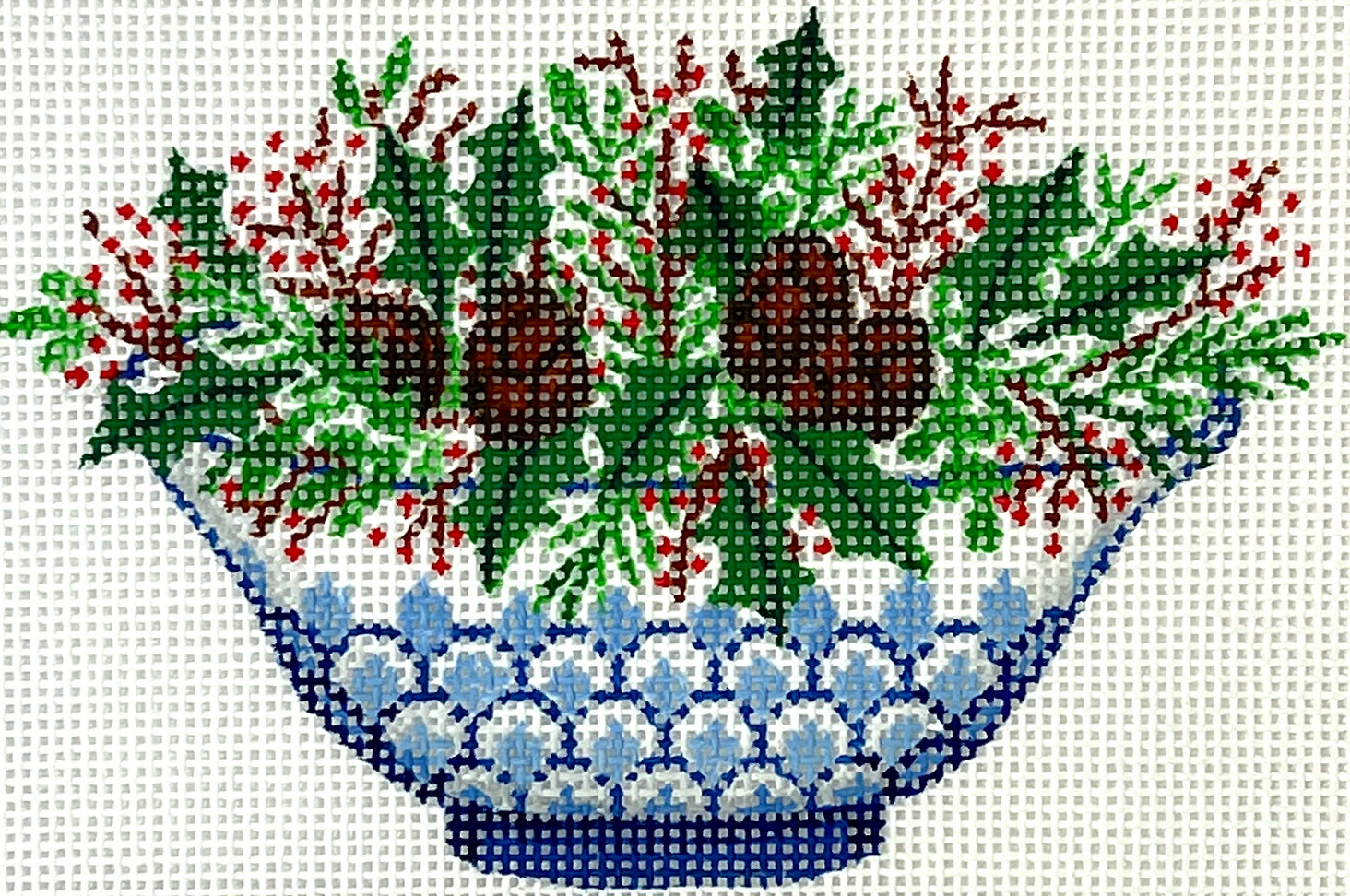 XM-156 - Chinese Vase - Blue and White with Greenery, Pinecones, and Red Berries