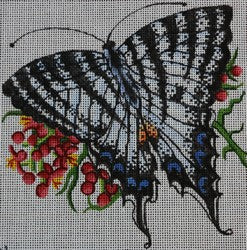 R314 - Blue, White, and Black Butterfly with Red Flowers