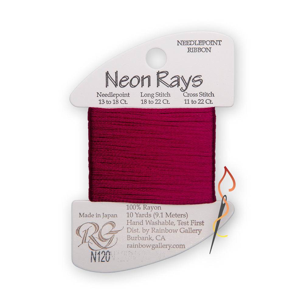 A spool of needlepoint ribbon from the 'Neon Rays' line by Rainbow Gallery, featuring a merlot wine colored thread wound around a white cardboard spool with N120 printed on the card.