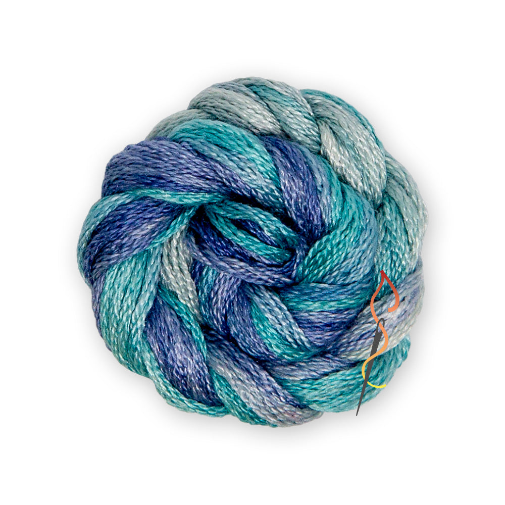 Multicolor blue and green skein of Dinky Dyes Stranded Silk floss in ss78