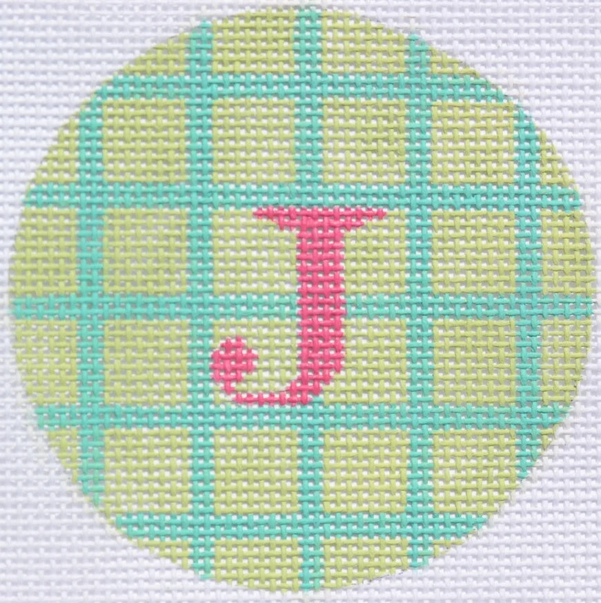 ALB-08 - Bright Disk Letters - Celadon and Turquoise Grid, Bright Pink Letter