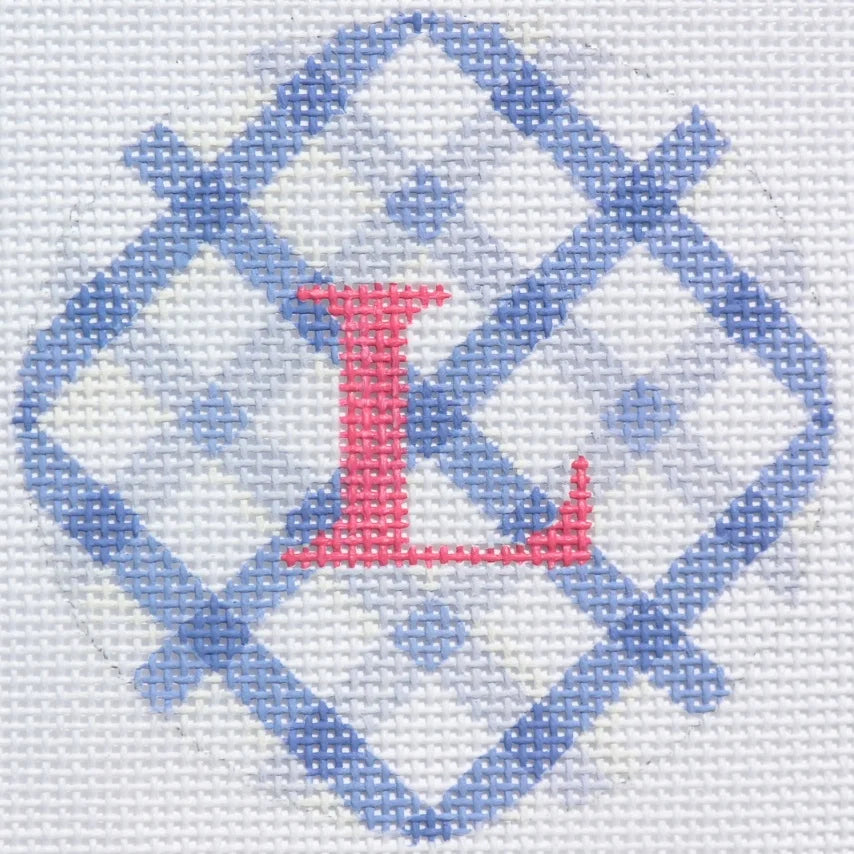 ALB-16 - Bright Disk Letters - Periwinkle Double Crisscross Gingham, Watermelon Letter