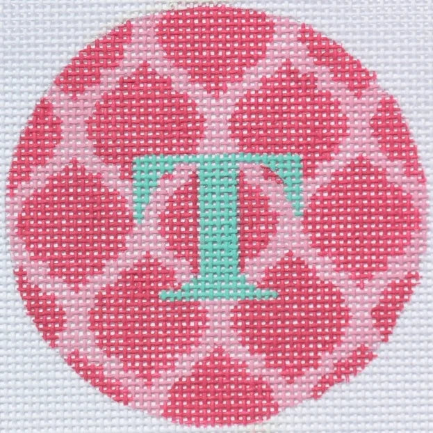 ALB-26 - Bright Disk Letters - Pinks Quatrefoil Damask, Turquoise Letter