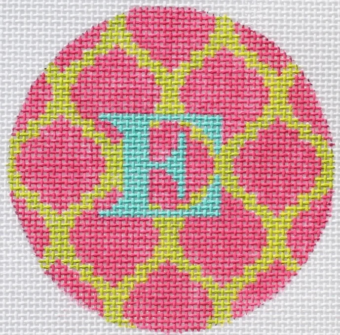 ALB-69 - Bright Disk Letters - Hot Pink and Lime Quatrefoil Damask, Deep Turquoise Letter