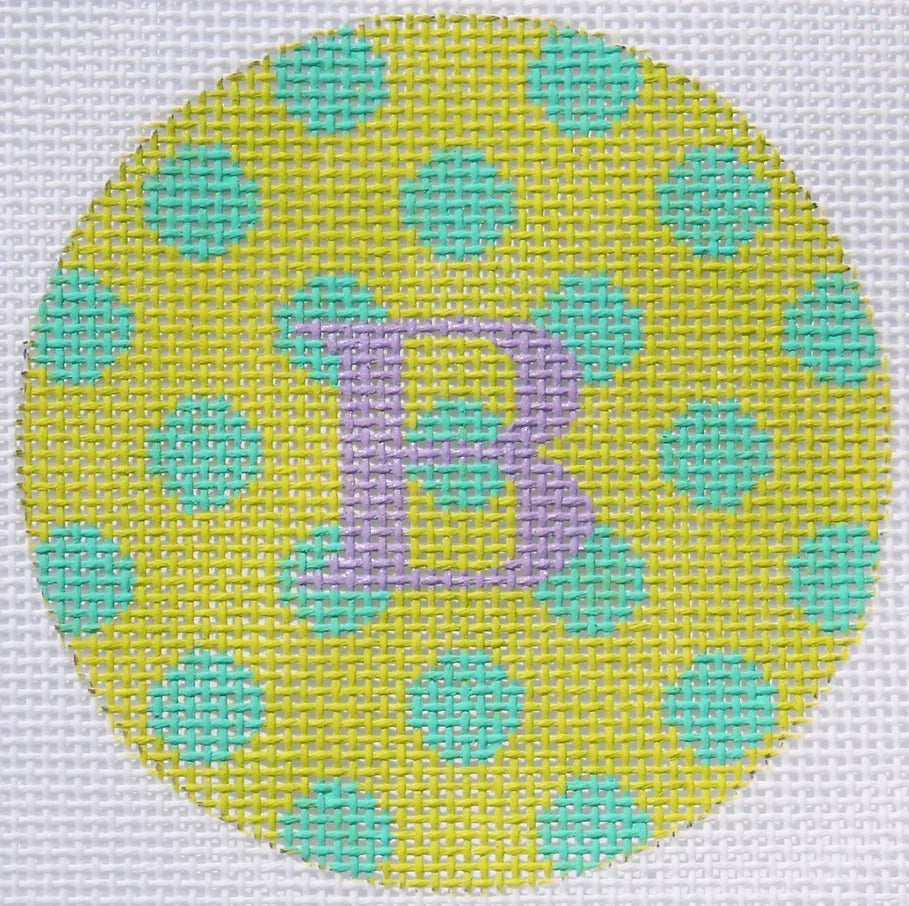 ALB-76 - Bright Disk Letters - Lime with Turquoise Polka Dots, Bright Lavender Letter