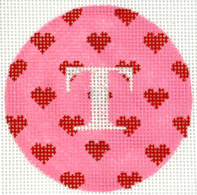 ALB-84 - Bright Disk Letters - Allover Red Hearts on Medium Pink, White Letter