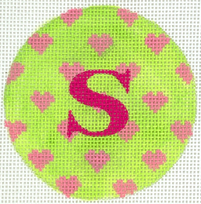 ALB-86 - Bright Disk Letters - Allover Pink Hearts on Lime, Fuchsia Letter