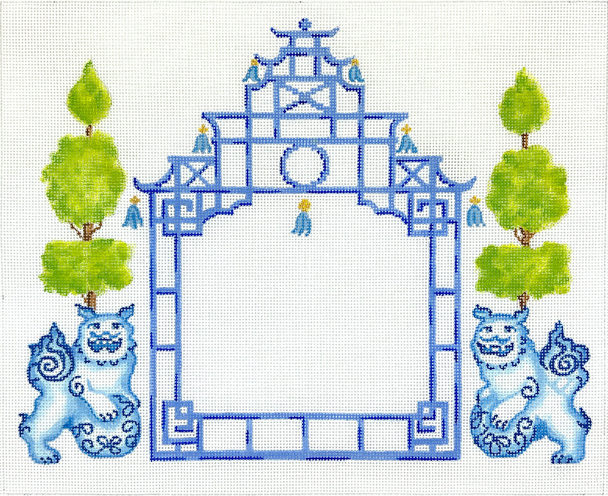 ALCN-10 - Chinoiserie Letter - Pagoda with Foo Dogs and Topiaries - Blues with Greens