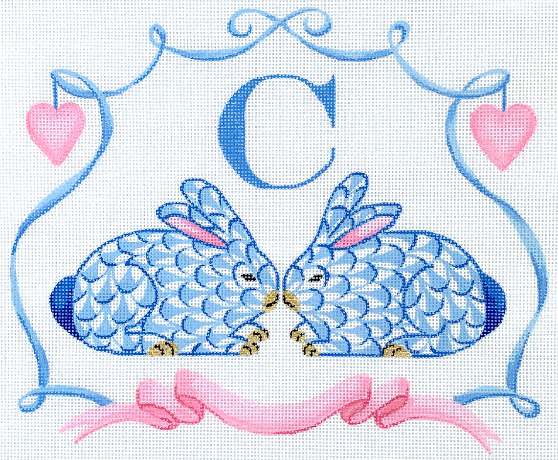 ALCR-10 - Fishnet Crouching Bunnies with Hearts and Ribbon - Blues