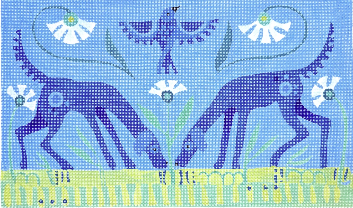 AT-PL-10 - Two Blue Dogs and A Bird with White Flowers on Blue