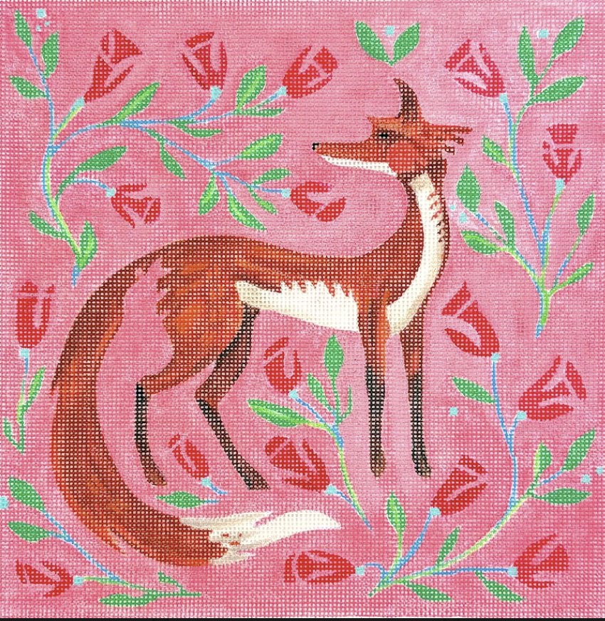 AT-PL-13 - Fox with Pink Flowers on Bright Coral Pink