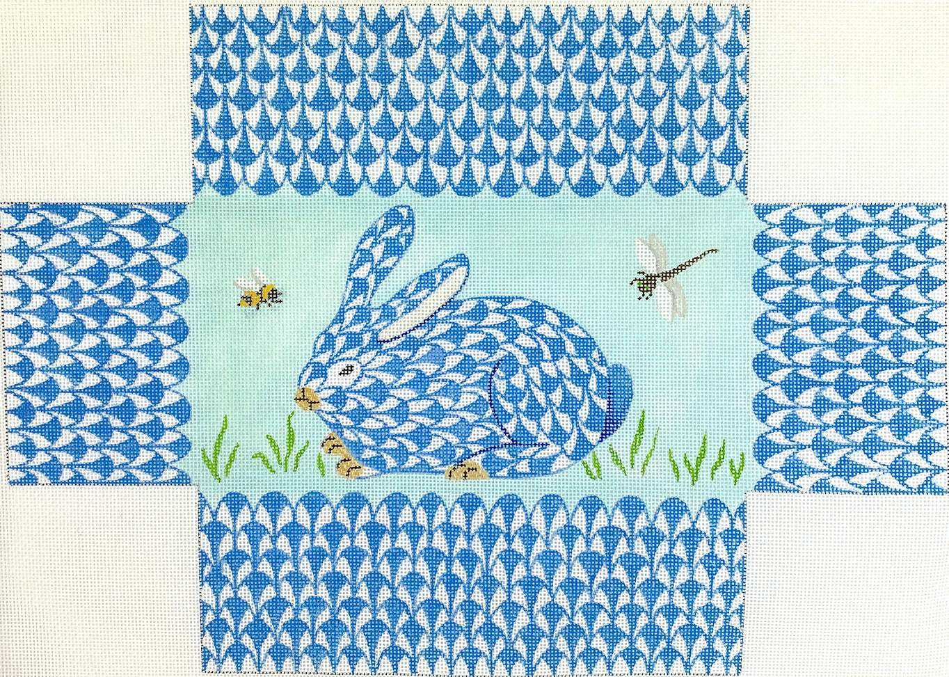 BR-28 - Fishnet Blue Bunny in Grass with Bee and Dragonfly