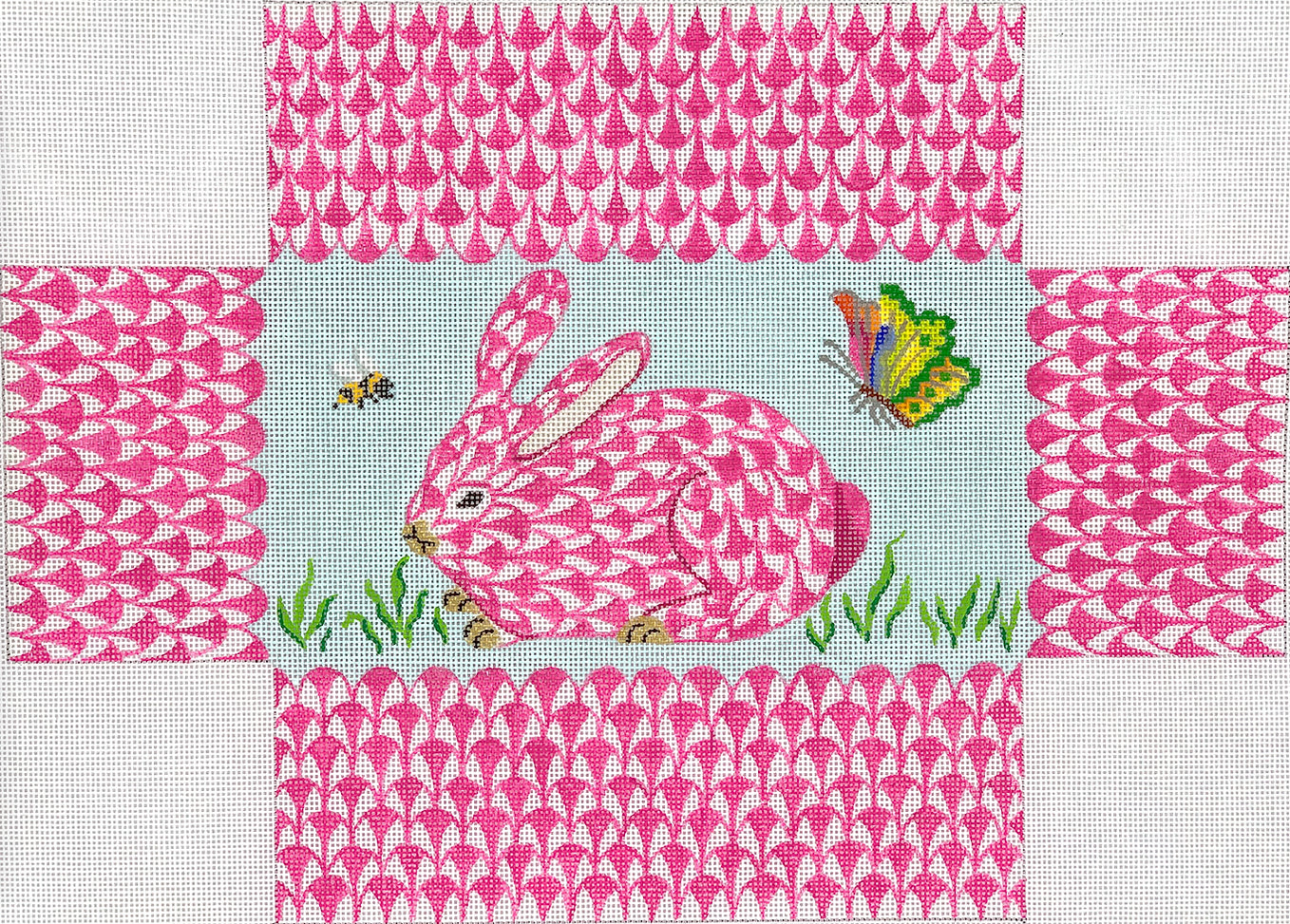 BR-33 - Fishnet Pink Bunny in Grass with Bee and Butterfly