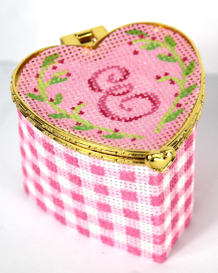 BXPH-01 - Petite Heart Box - Pink Gingham with Vine with Rose Gold